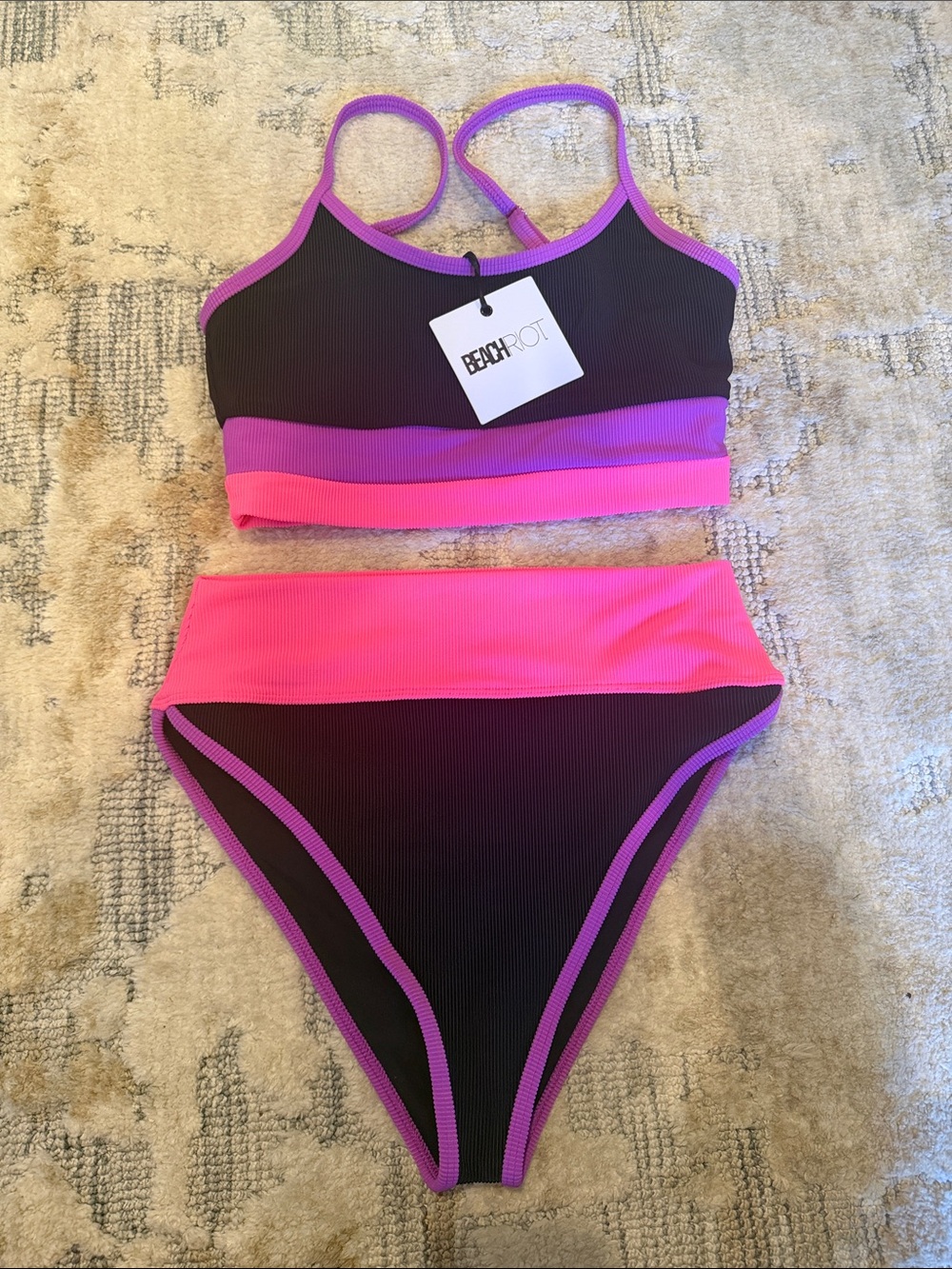 Beach Riot Two-Tone Black and Pink Ribbed Bikini Set